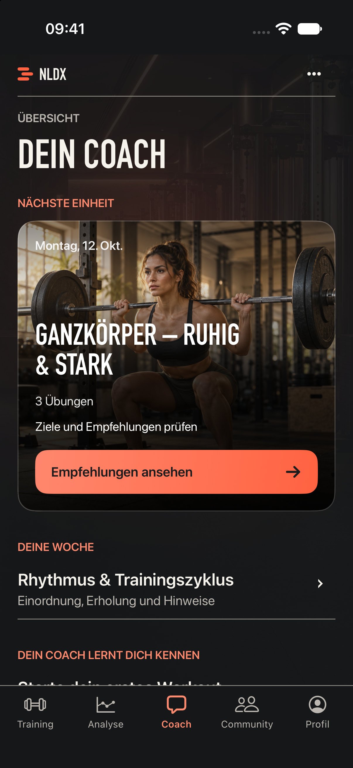 Coach-Tab mit Erholung, letztem Training und offenen Hinweisen