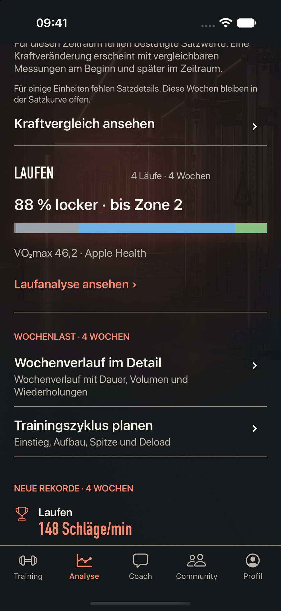 Analyse mit der Laufkarte: 88 % locker und VO₂max aus Apple Health