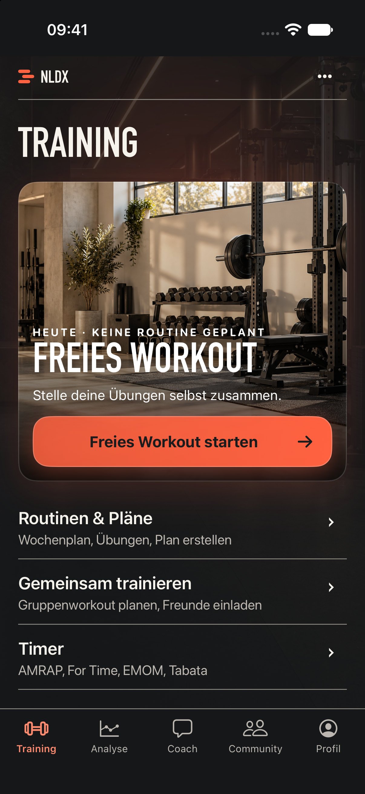 Training-Startseite der App mit freiem Workout, Routinen & Plänen, gemeinsamem Training und Timer