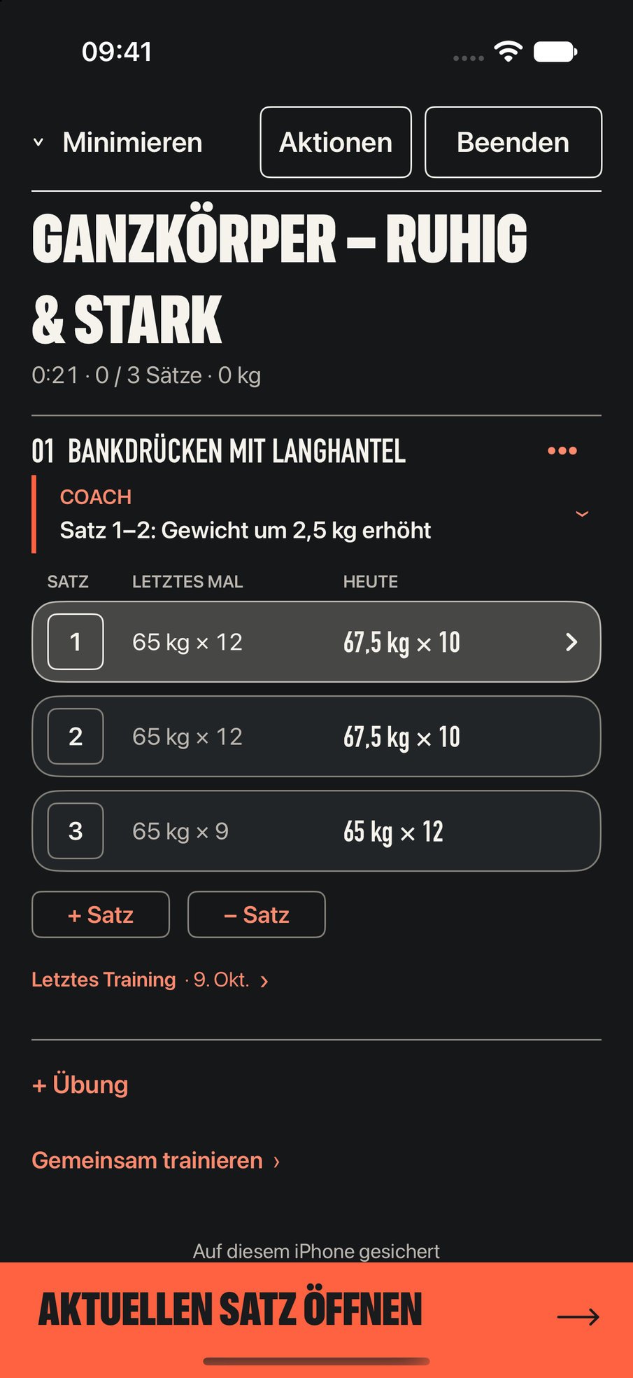 Workout-Übersicht in der Farbwelt Standard